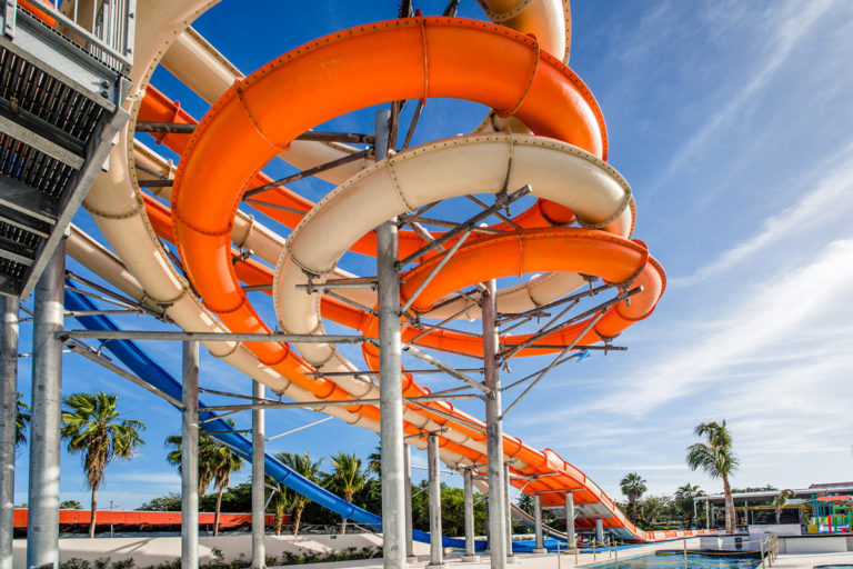 A view from under the main slides at the Hard Rock waterpark.
