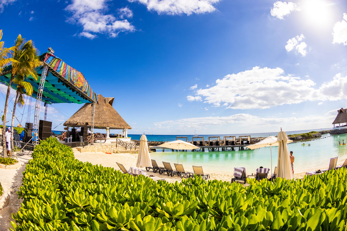 The beach stage in the morning with an ocean view in the background.