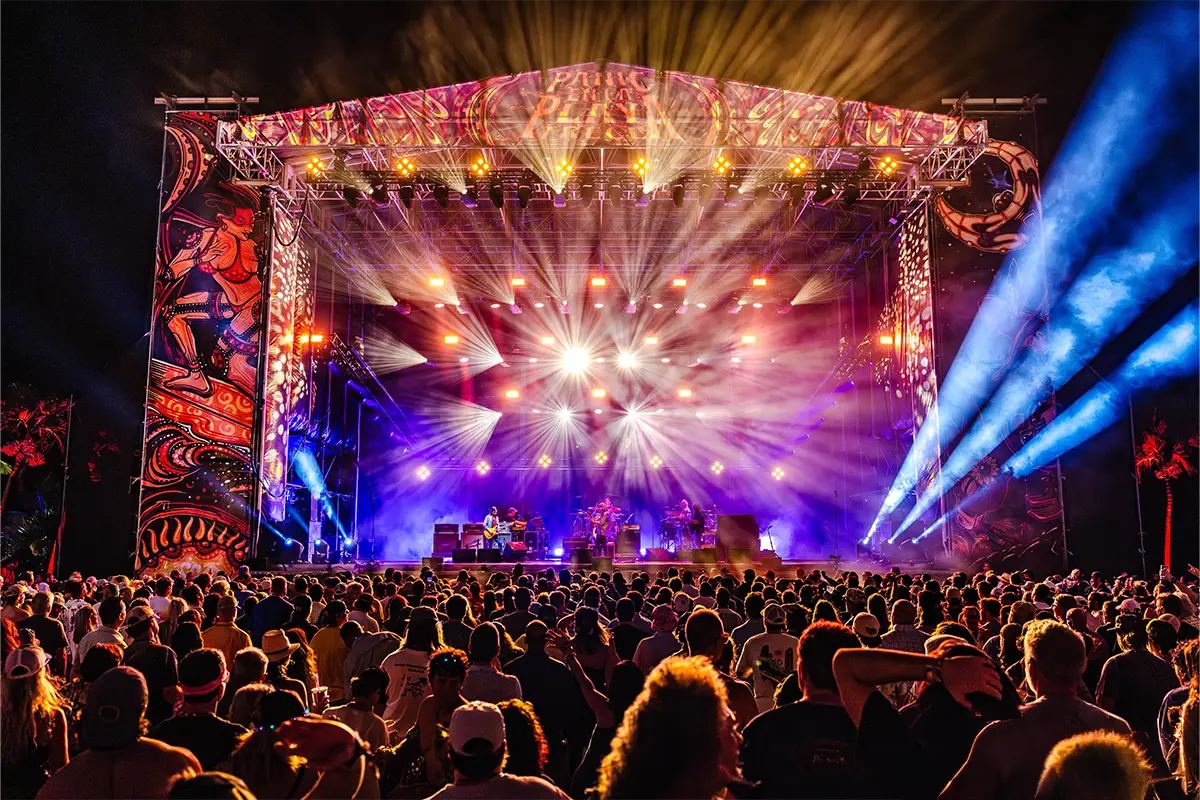 Wide angle photo of the Main Stage during a Widespread Panic set.