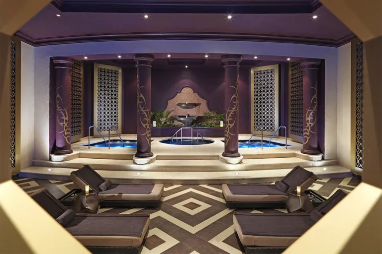 A lounging area with jacuzzis in the Hard Rock spa.